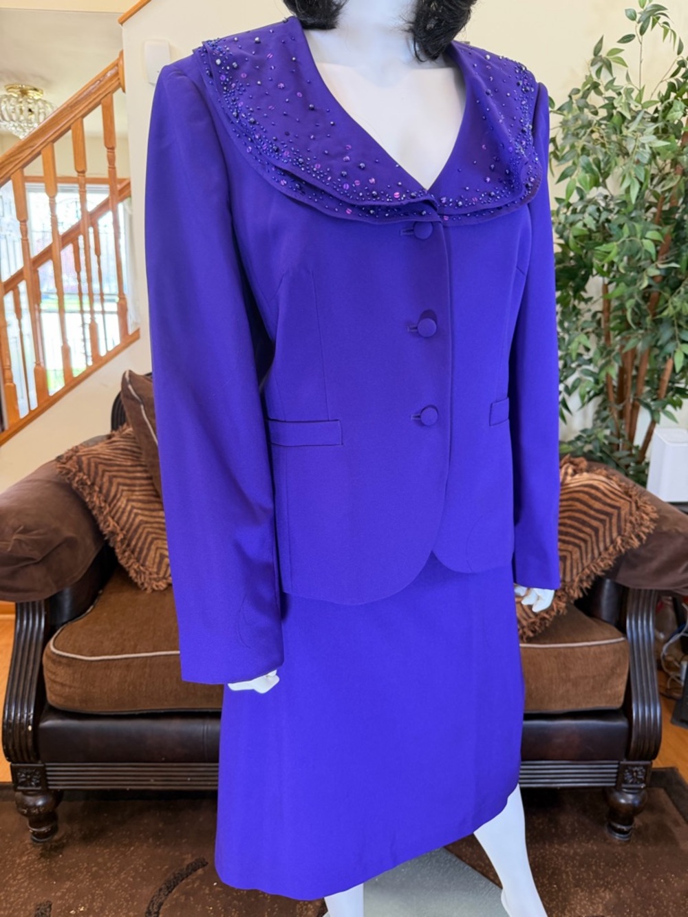 Emily Purple Beaded Collar Skirt Suit